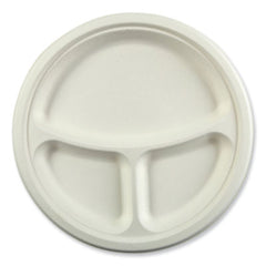 AmerCareRoyal® Bagasse PFAS-Free Dinnerware, 3-Compartment Plate, 10.24" dia, White, 500/Carton