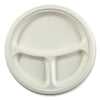 AmerCareRoyal® Bagasse PFAS-Free Dinnerware, 3-Compartment Plate, 10.24" dia, White, 500/Carton Plates, Bagasse - Office Ready