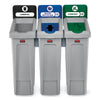 Rubbermaid?« Commercial Slim Jim Recycling Station Kit, 3-Stream Landfill/Mixed Recycling, 69 gal, Plastic, Blue/Gray/Green Indoor Recycling Bins - Office Ready