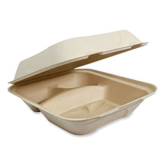 World Centric® Fiber Hinged Containers, 3-Compartment, 8.8 x 8.2 x 2.9, Natural, Paper, 300/Carton