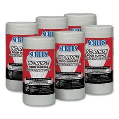 SCRUBS® No Rinse Food Surface Disinfectant Wipes, 1-Ply, 7 x 8, Unscented, White, 80/Canister, 6/Carton