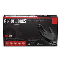 GloveWorks® by AMMEX® Industrial Nitrile Gloves, Powder-Free, 5 mil, Medium, Black, 100/Box, 10/Carton